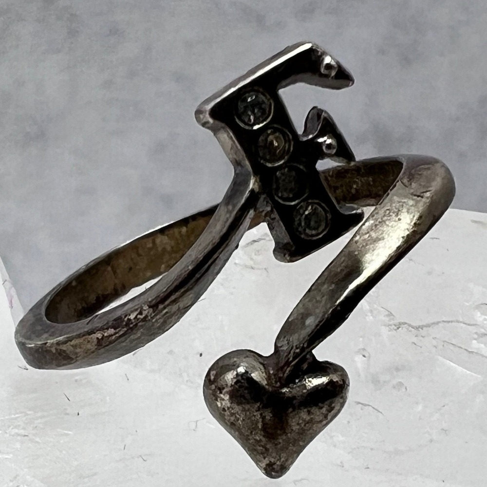 Sterling Silver‎ 925 Initial F Heart Bypass Ring Crystal Accents Size 6 Patina - Picture 3 of 6